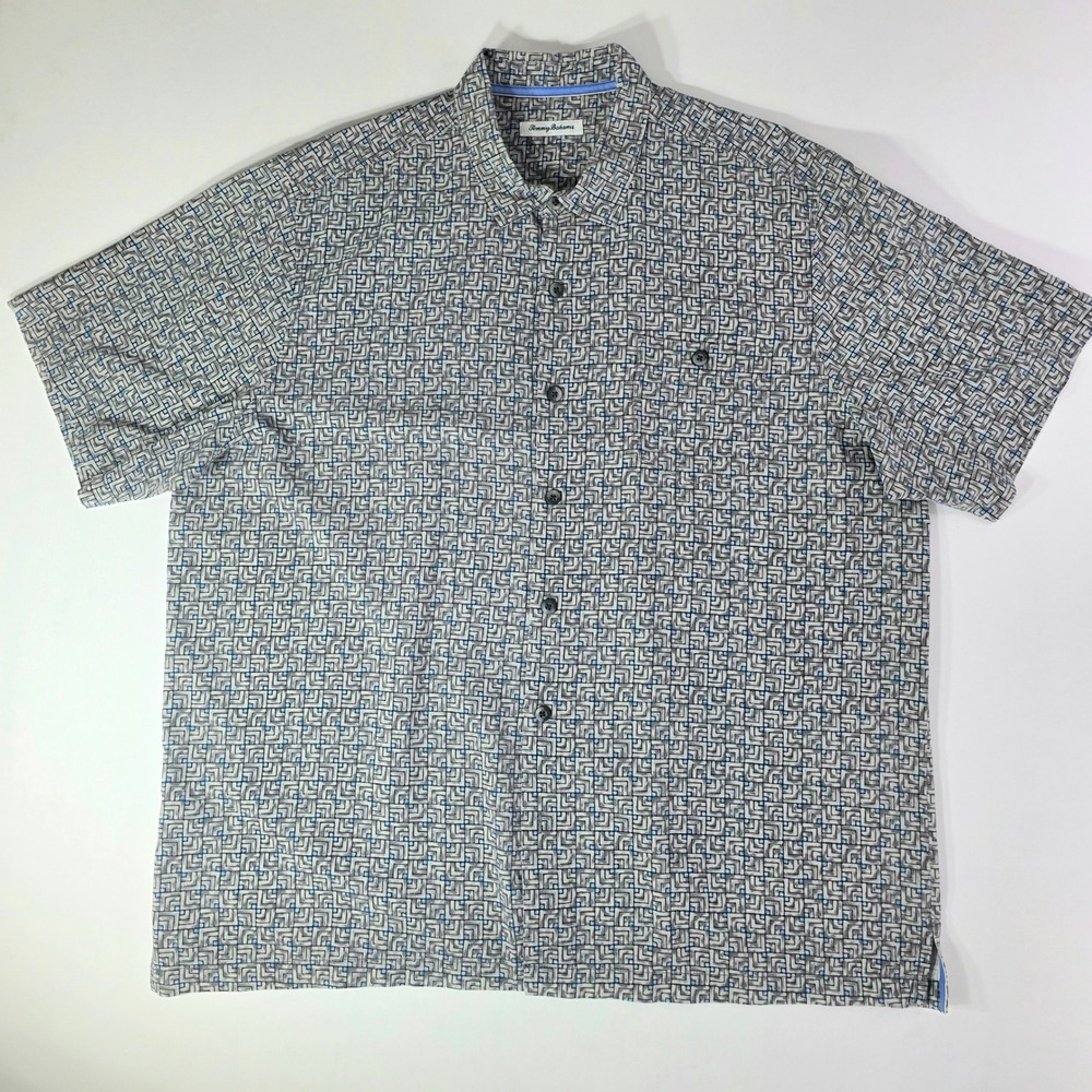Tommy Bahama Mens 2XLT 100% SILK Button Down Shirt Grey Blue Geometric